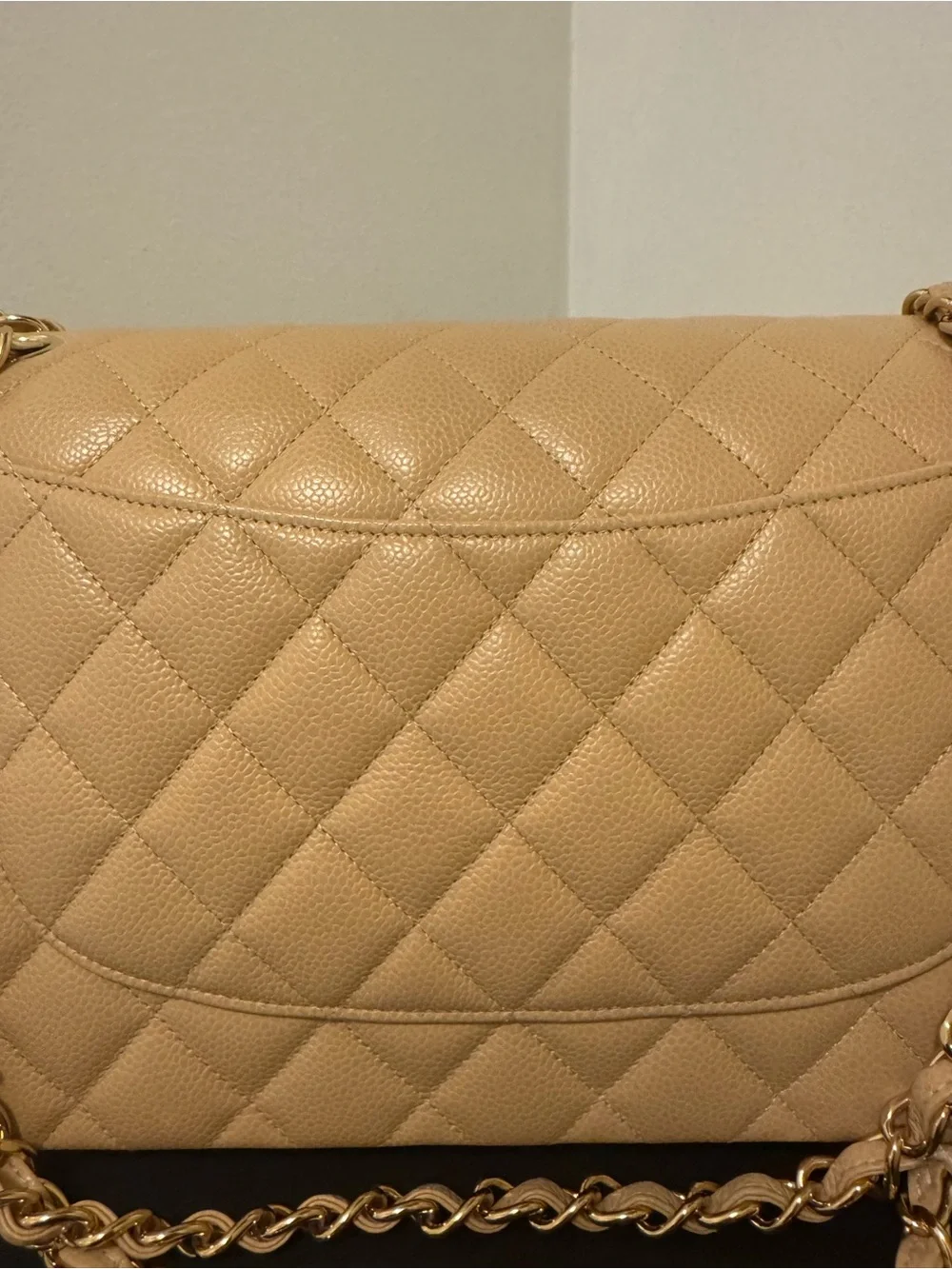 CHANEL JUMBO Beige Quilted Flap Shoulder Bag with Gold Chain